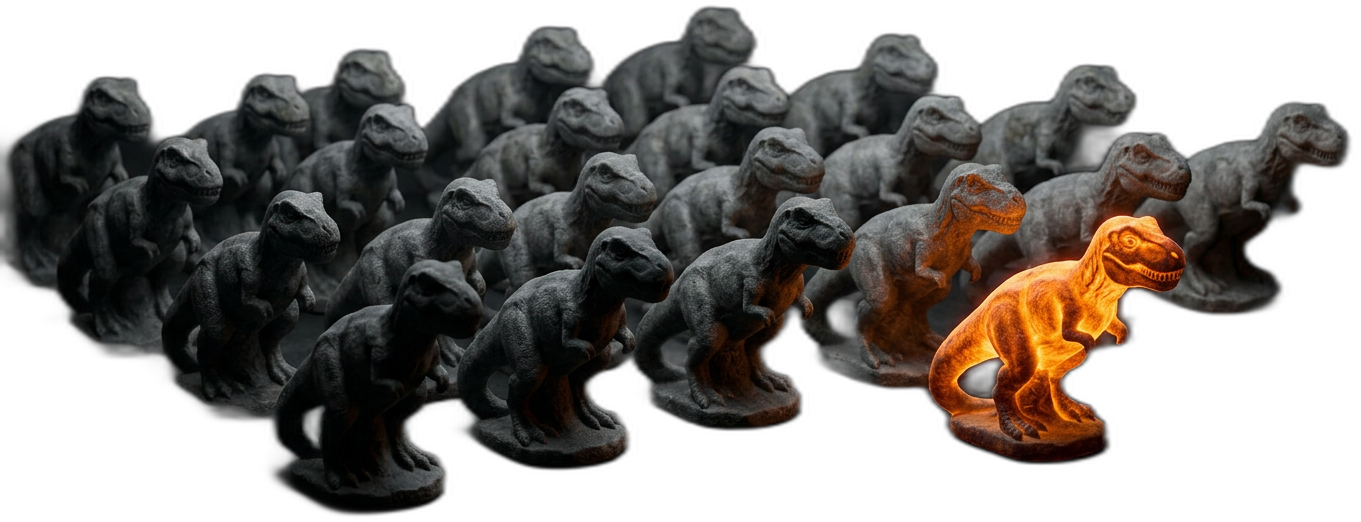 Fila di dinosauri grigi tutti uguali, con un singolo dinosauro arancione che si distingue dalla massa