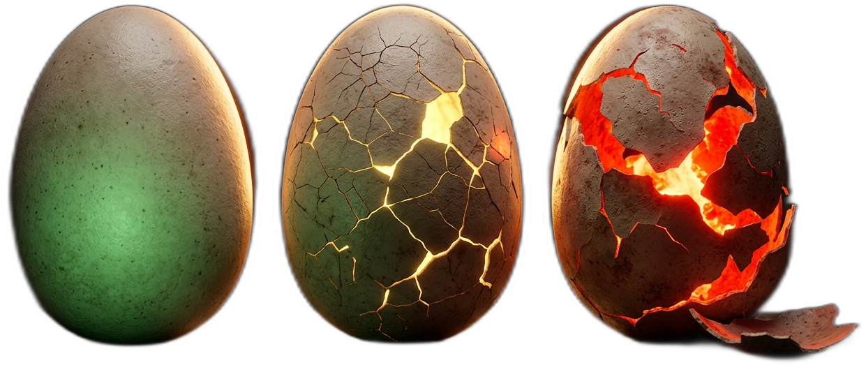 Tre uova di dinosauro: una verde intatta, una gialla con crepe, una rossa che si sta rompendo