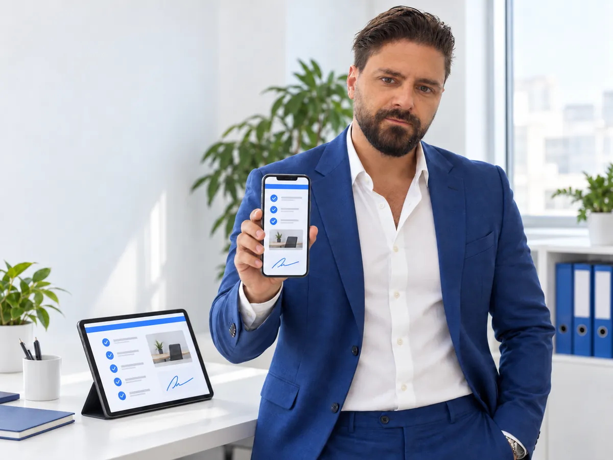 Francesco Caruccio con un'app aziendale aperta sul telefono