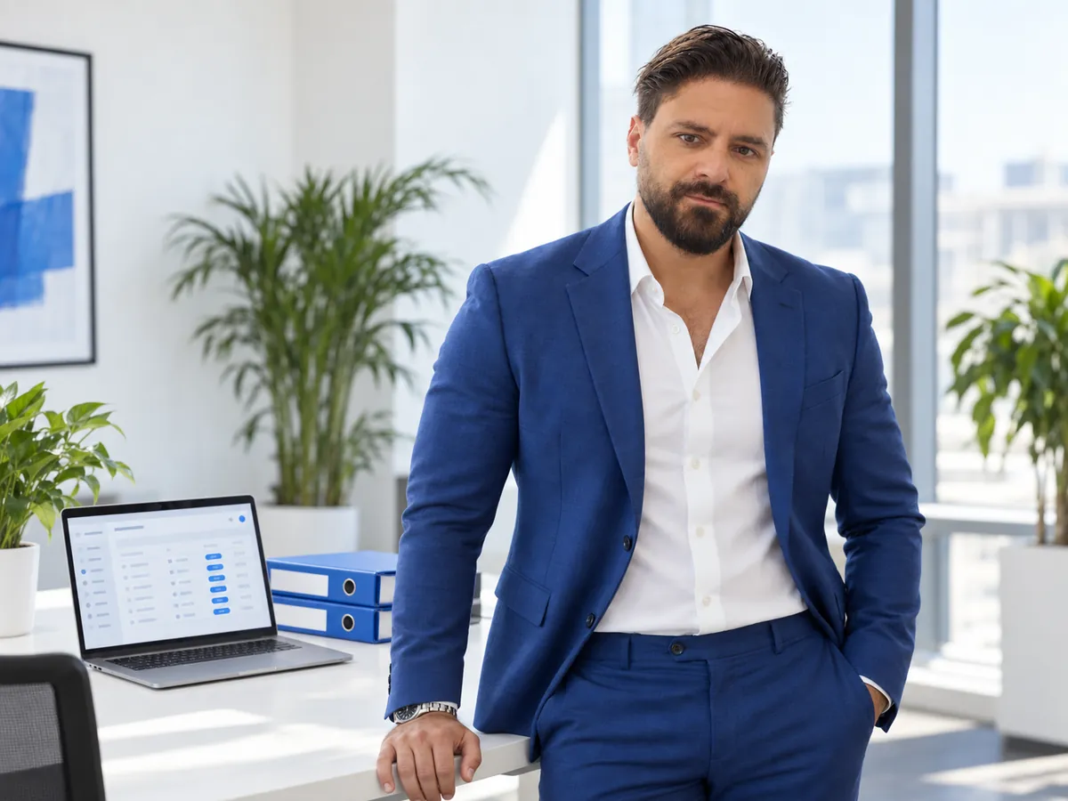 Francesco Caruccio in ufficio, accanto al portatile con un gestionale aperto e ai faldoni blu