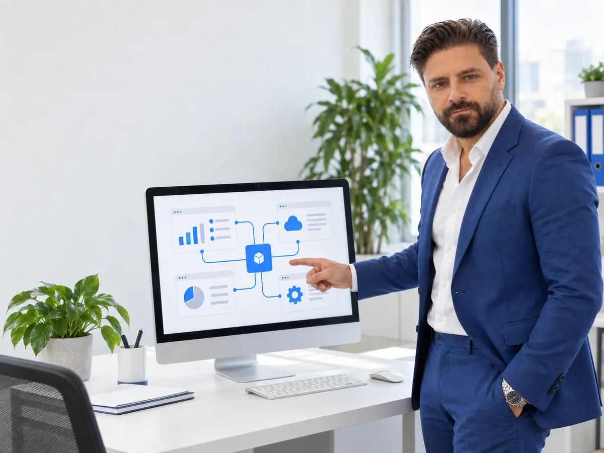 Francesco Caruccio indica uno schermo con i programmi dell'azienda collegati fra loro