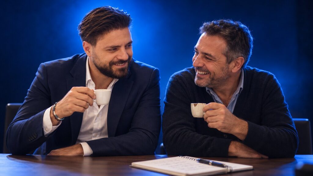 Francesco Caruccio di VELOCIA e il titolare di un'azienda durante una pausa caffè
