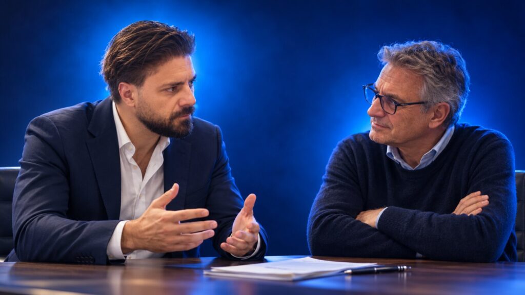 Francesco Caruccio di VELOCIA a colloquio con il titolare di una piccola azienda