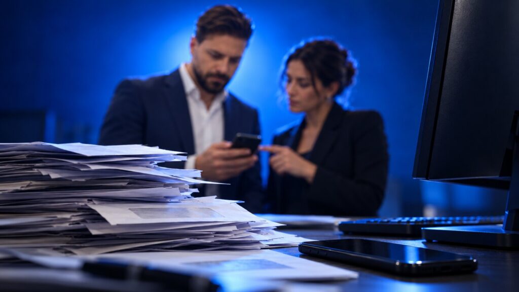 Il posto di lavoro di una responsabile operativa, con Francesco Caruccio di VELOCIA sullo sfondo