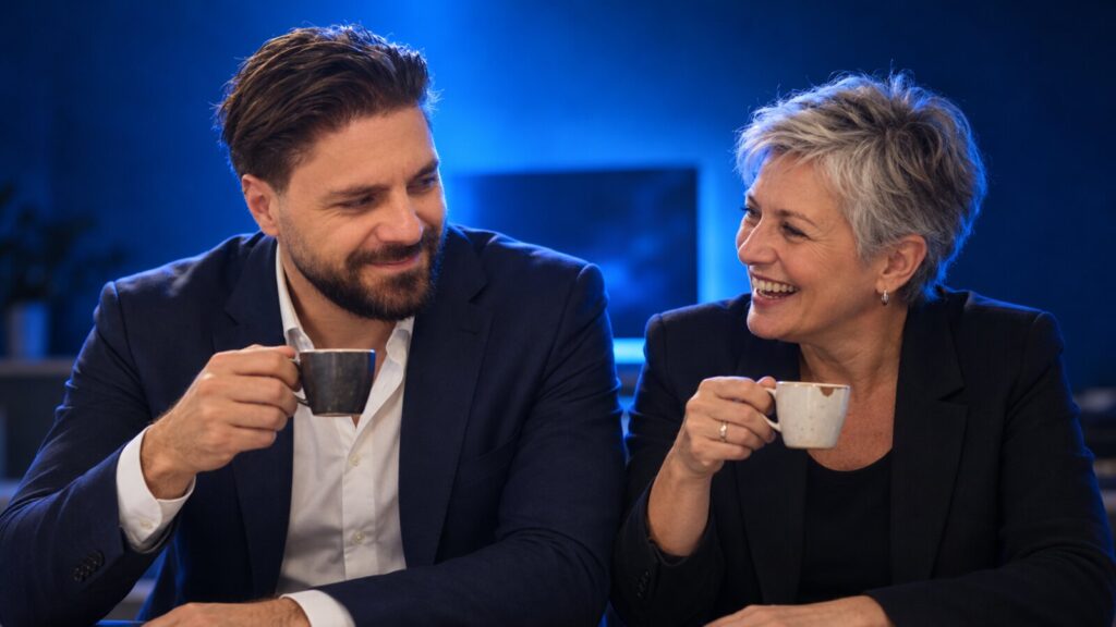 Francesco Caruccio di VELOCIA e la titolare durante una pausa caffè