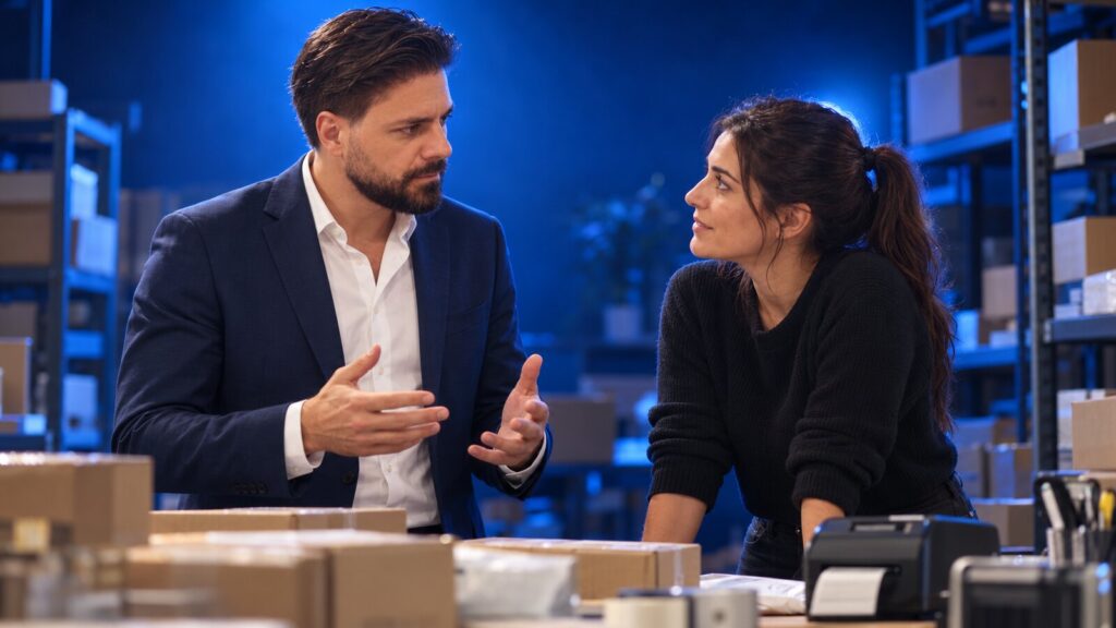 Francesco Caruccio di VELOCIA a colloquio con la titolare di un negozio online