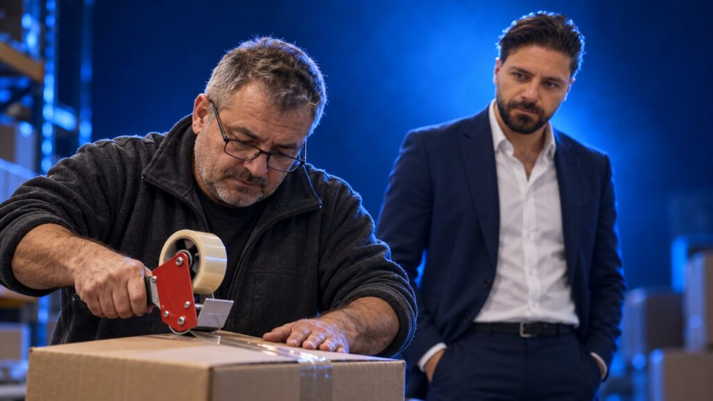 Il responsabile di magazzino al lavoro, con Francesco Caruccio di VELOCIA sullo sfondo