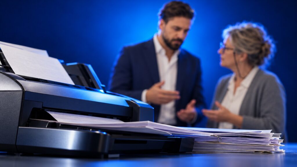 Il posto di lavoro di una responsabile d'ufficio, con Francesco Caruccio di VELOCIA sullo sfondo