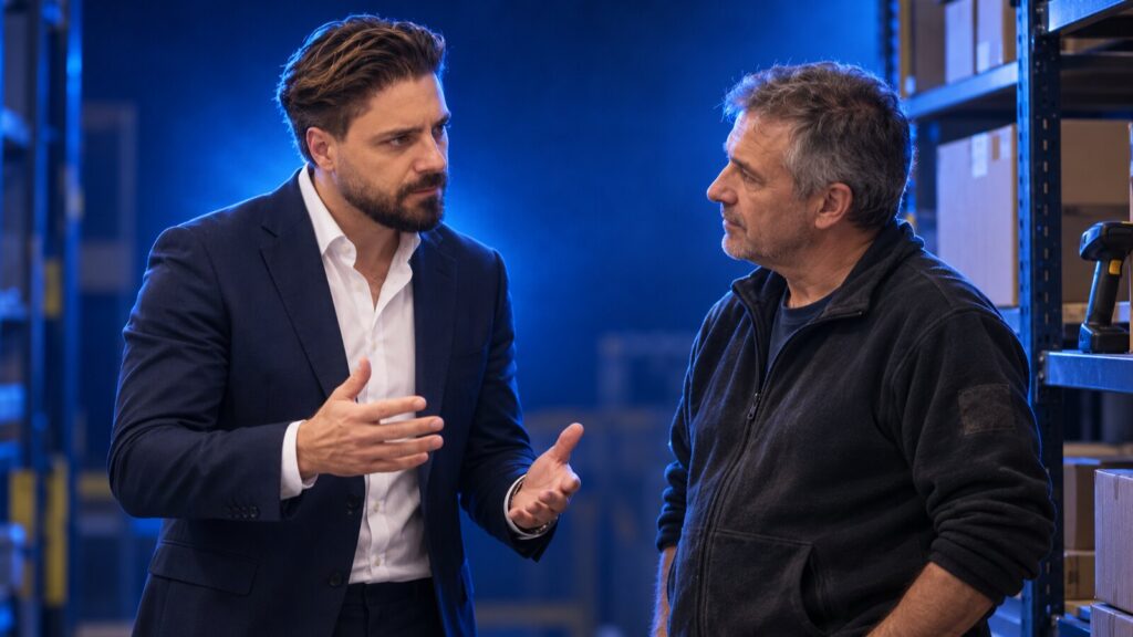 Francesco Caruccio di VELOCIA a colloquio con il responsabile di magazzino