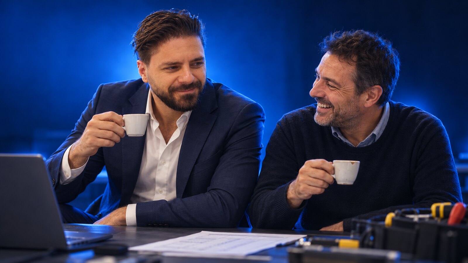 Francesco Caruccio di VELOCIA e un tecnico d'ufficio durante una pausa caffè