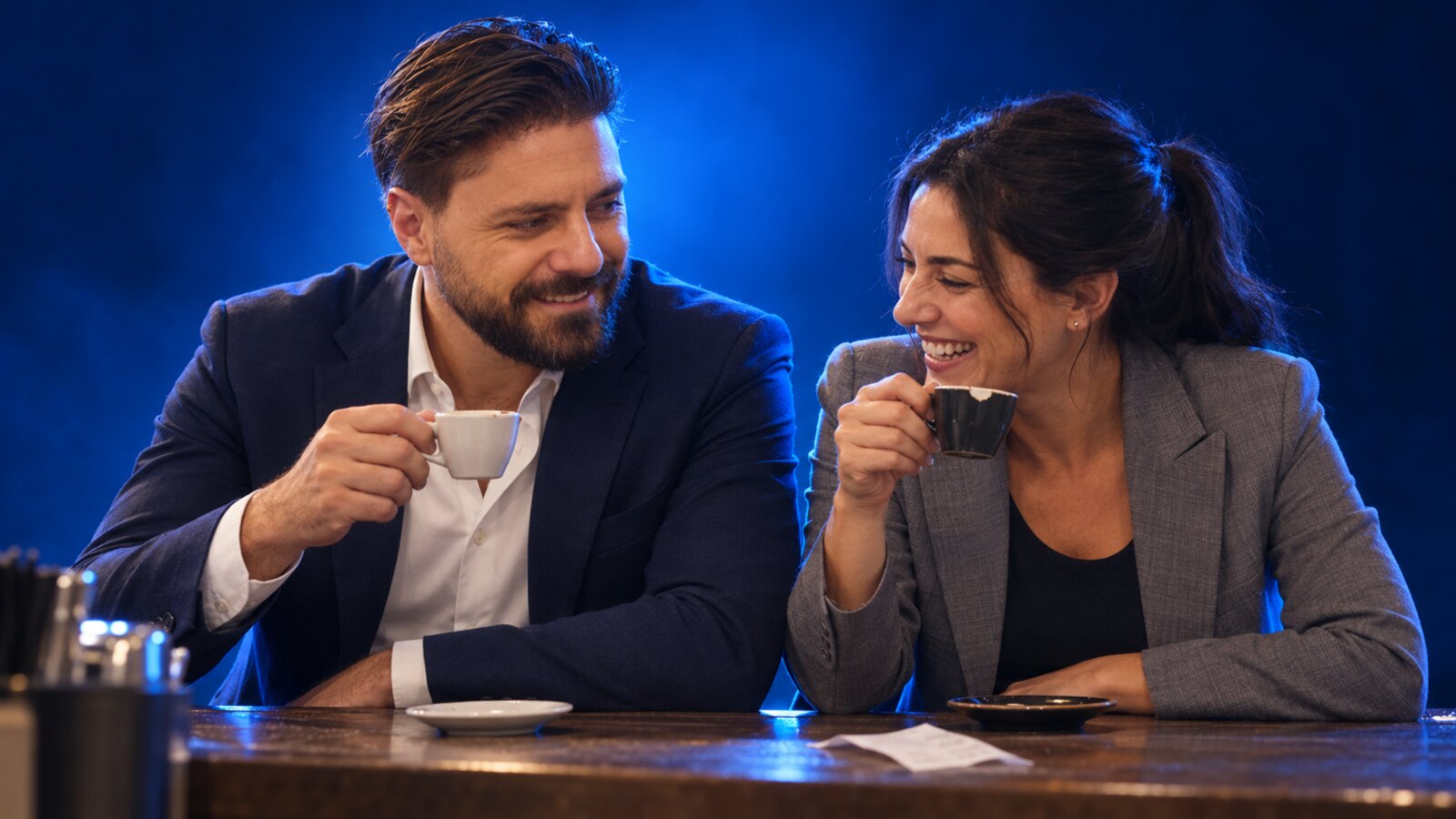 Francesco Caruccio di VELOCIA e un'agente di commercio durante una pausa caffè