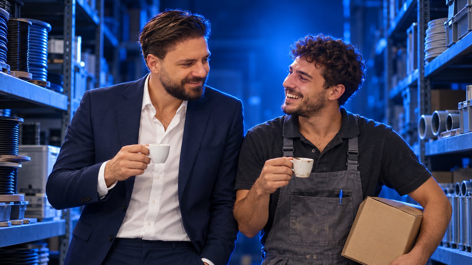 Francesco Caruccio di VELOCIA e il magazziniere di un'impresa di impianti durante una pausa caffè