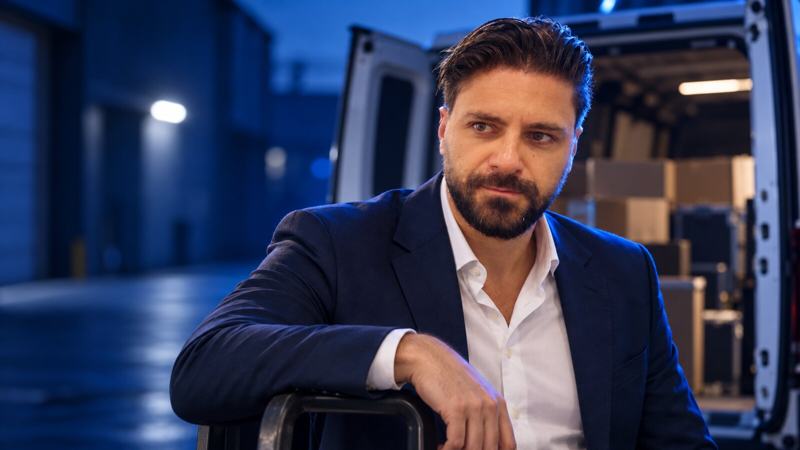 Francesco Caruccio di VELOCIA nel posto di lavoro dell'autista del furgone