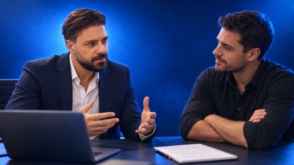 Francesco Caruccio di VELOCIA a colloquio con un responsabile d'ufficio