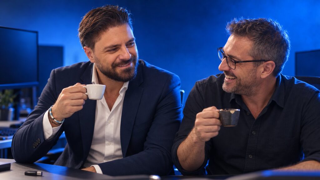 Francesco Caruccio di VELOCIA e un responsabile d'ufficio durante una pausa caffè