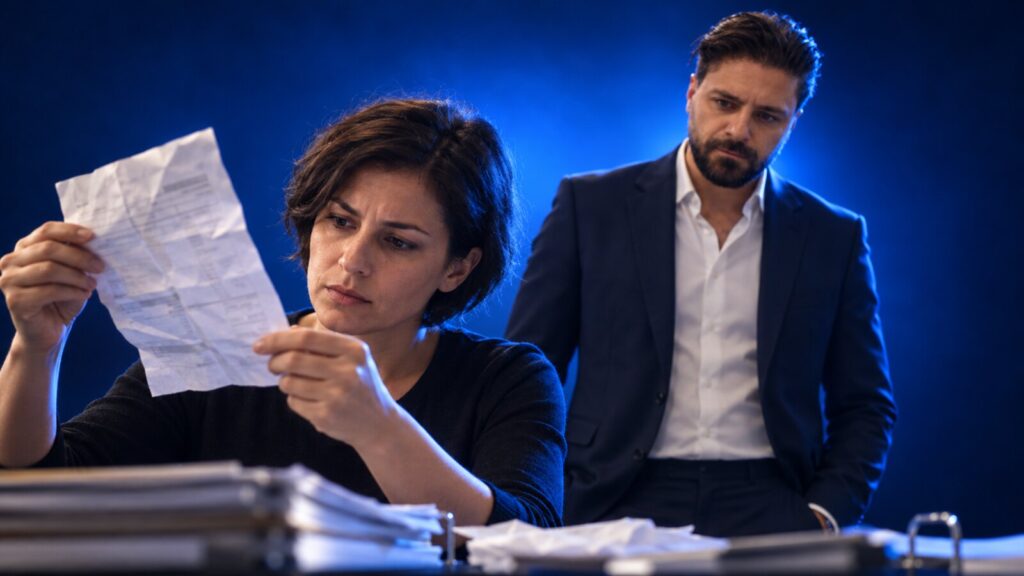 Un'impiegata al lavoro, con Francesco Caruccio di VELOCIA sullo sfondo