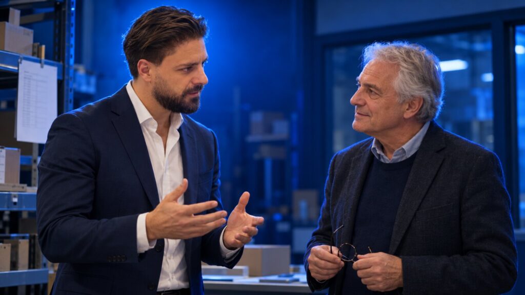 Francesco Caruccio di VELOCIA a colloquio con il titolare di un'azienda di distribuzione