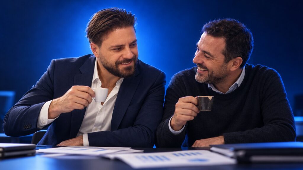 Francesco Caruccio di VELOCIA e il controller durante una pausa caffè