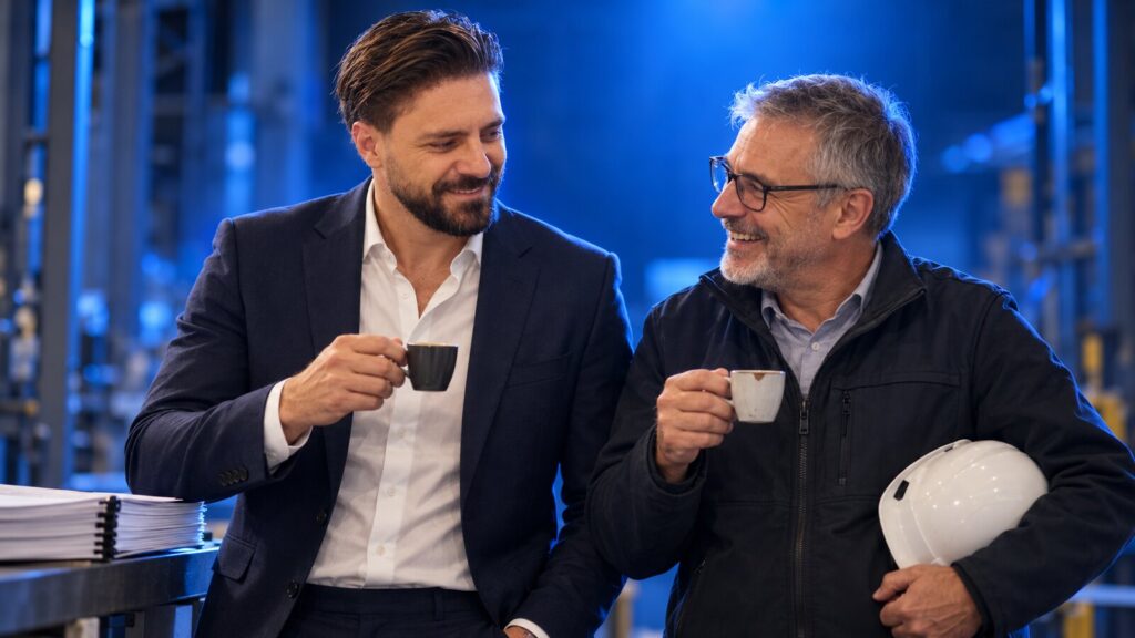 Francesco Caruccio di VELOCIA e un consulente della sicurezza durante una pausa caffè